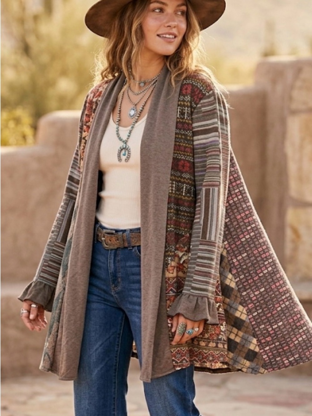 Sacred Threads XL Mixed Media Brown Boho Trapeze Flare Hem Open Front Cardigan